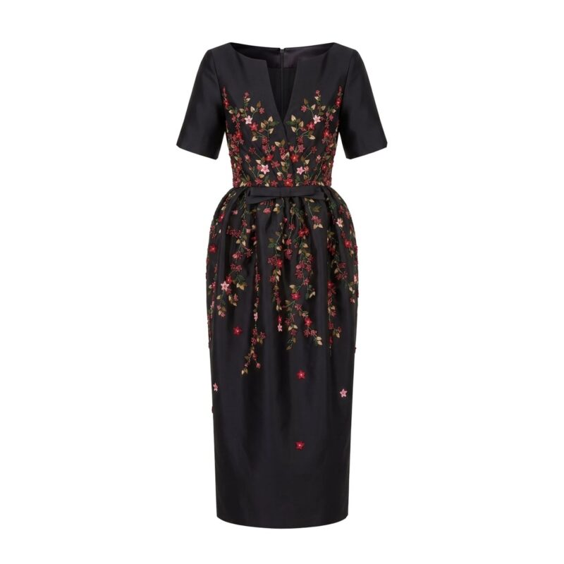 Frances Dress in Black Silk Wool with Red Floral Embellishment Alexandra Pijut
