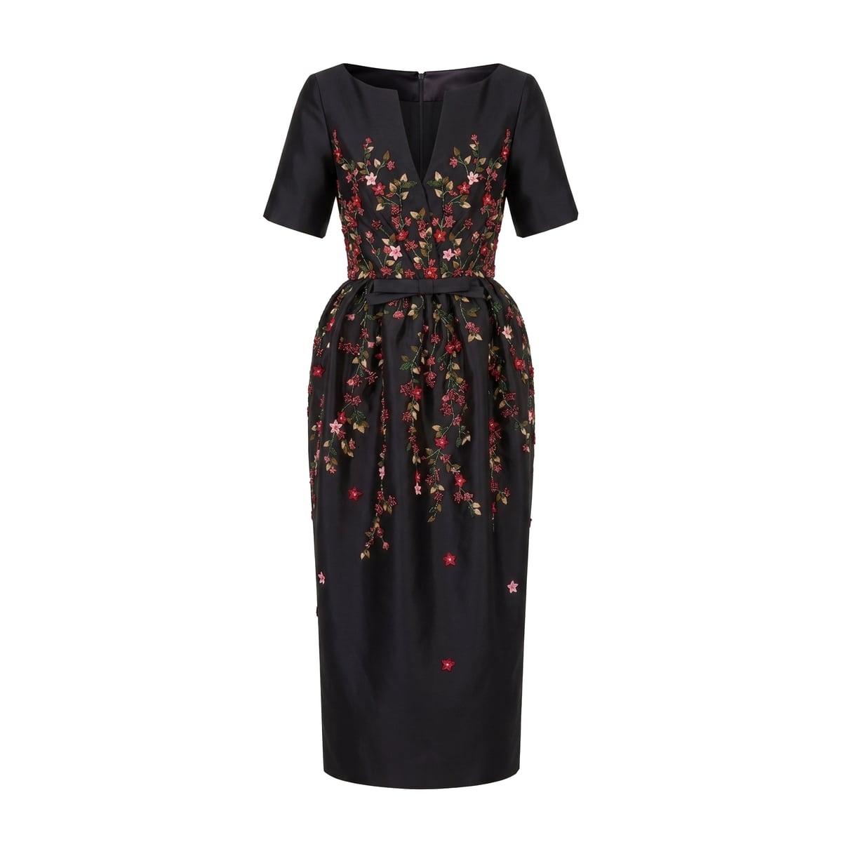 Frances Dress in Black Silk Wool with Red Floral Embellishment Alexandra Pijut
