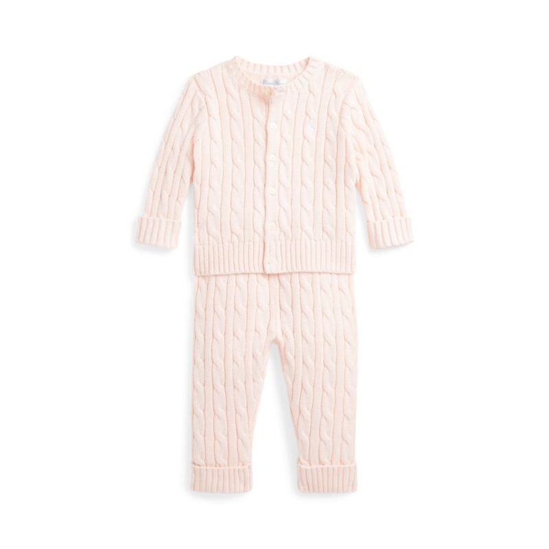 Long-Sleeve Cotton Cable Knit Cardigan with Matching Pant in Morning Pink Ralph Lauren