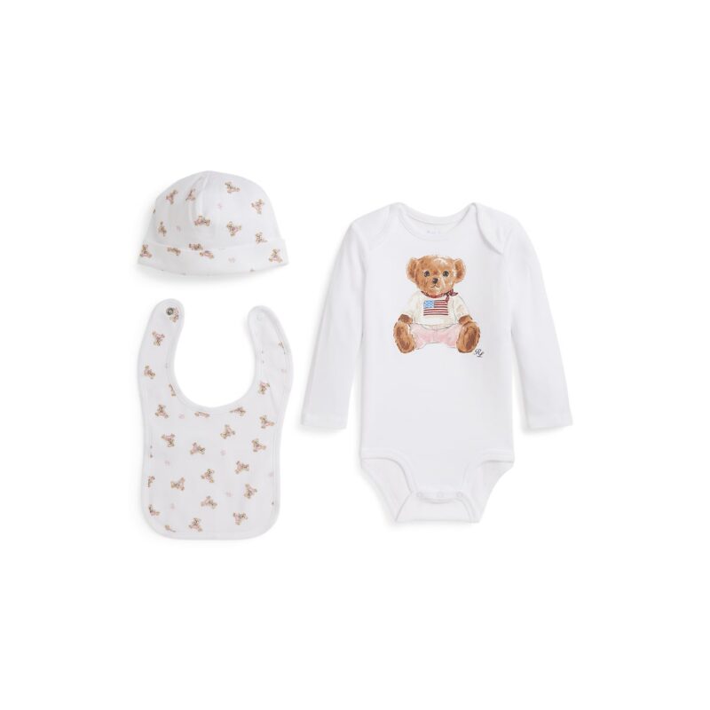 Long Sleeve Interlock Novelty Bear Graphic Set in White, Set of 3 Ralph Lauren
