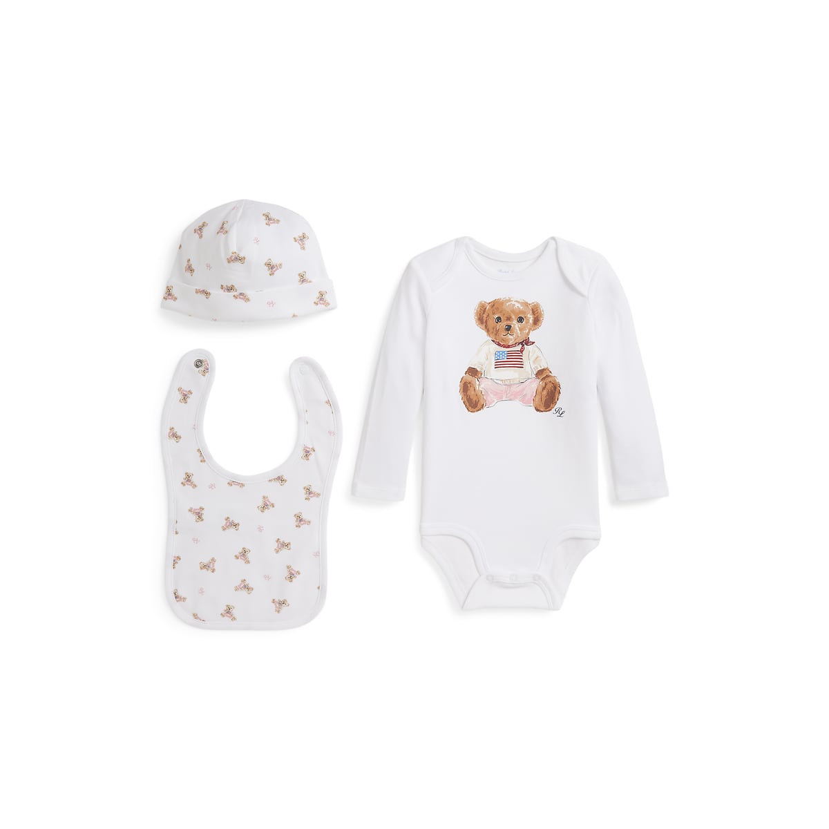Long Sleeve Interlock Novelty Bear Graphic Set in White, Set of 3 Ralph Lauren