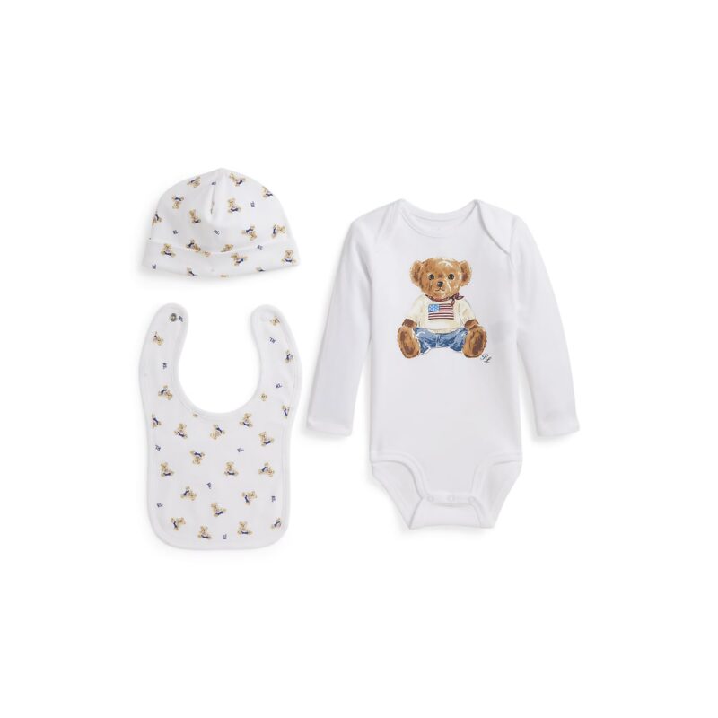 Long-Sleeve Interlock Novelty Bear Set in White Box Set, Set of 3 Ralph Lauren