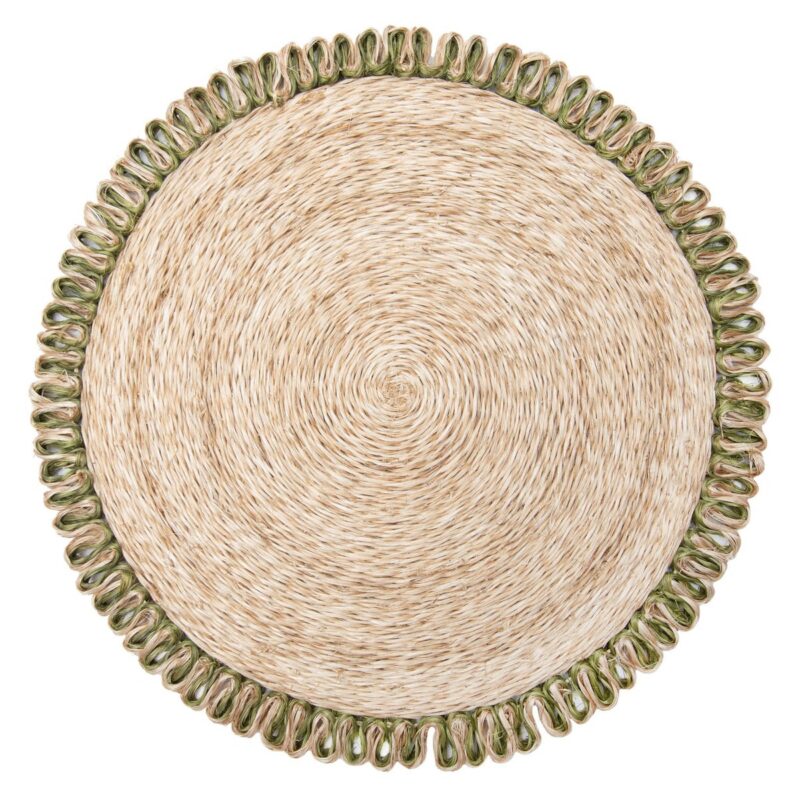 Loopy Abaca 15" Round Placemat in Natural & Olive Green, Set of 4 Caravan