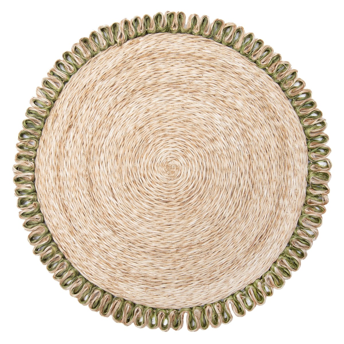 Loopy Abaca 15" Round Placemat in Natural & Olive Green, Set of 4 Caravan