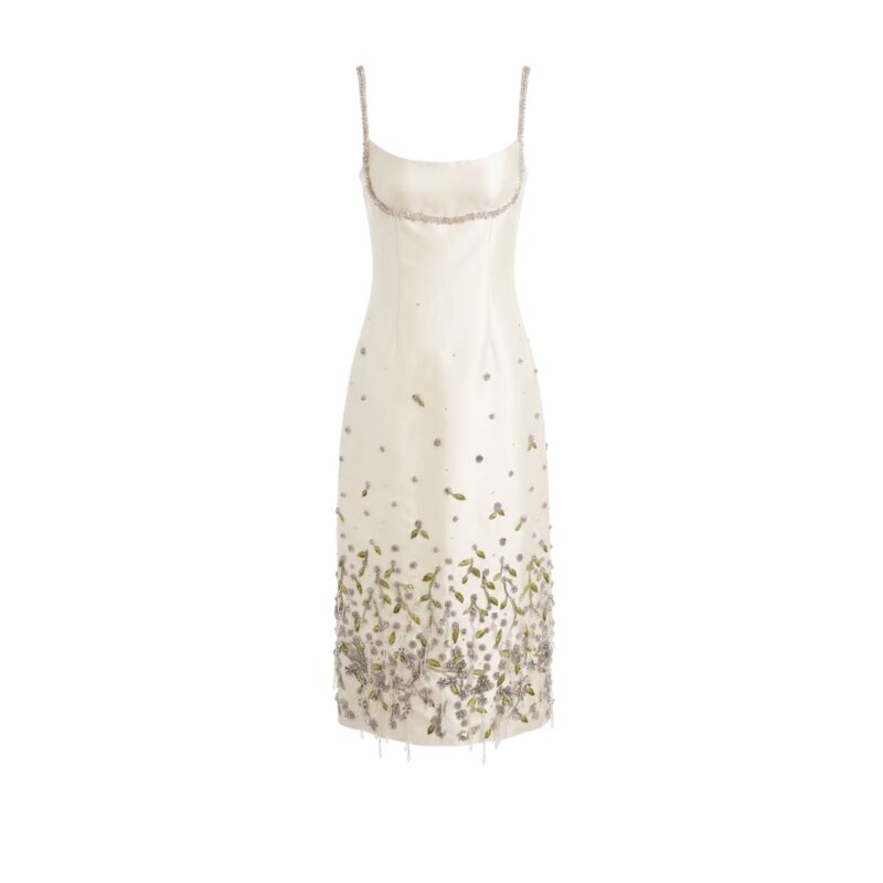 Luna Dress in Ivory Silk Wool with Silver and Green 3D Florals Alexandra Pijut