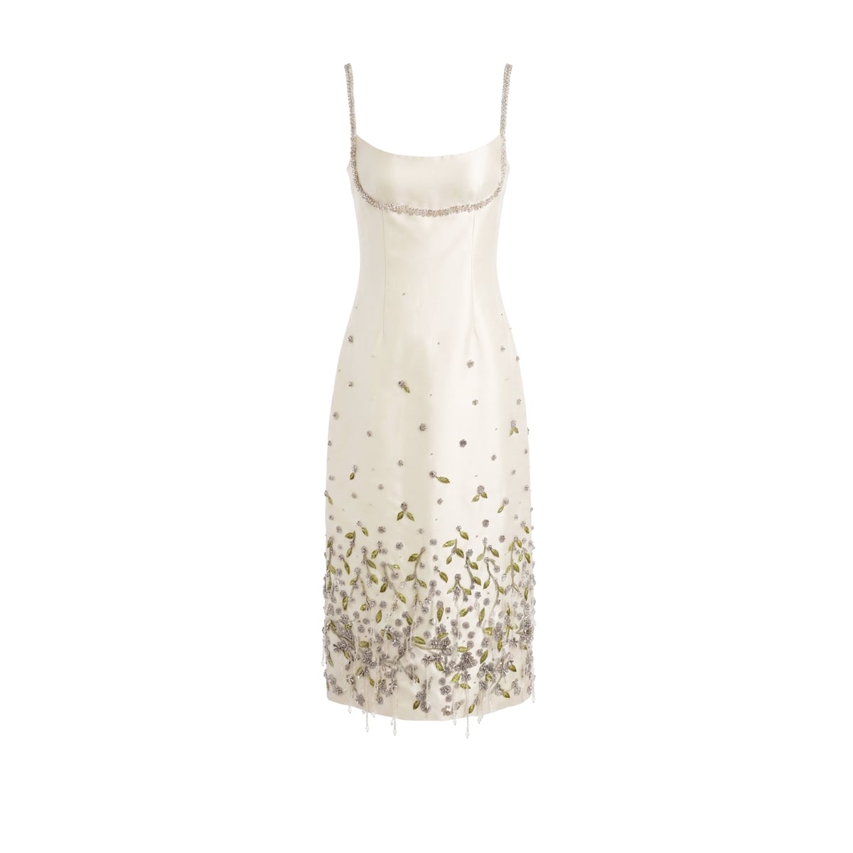 Luna Dress in Ivory Silk Wool with Silver and Green 3D Florals Alexandra Pijut