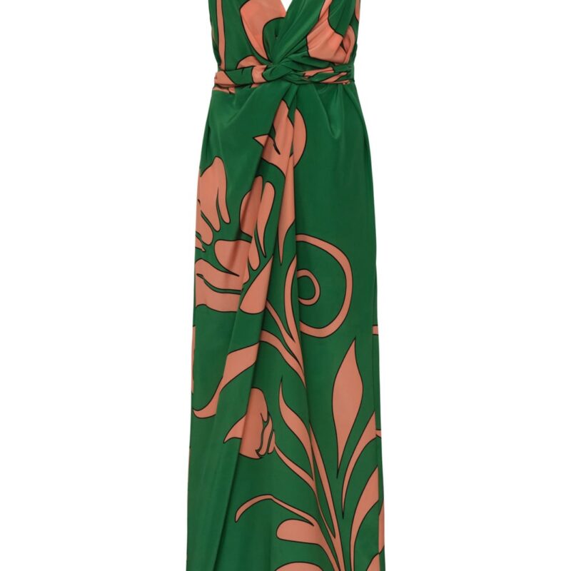 Macarena Silk Midi Dress in Green Buganvilias Juan de Dios