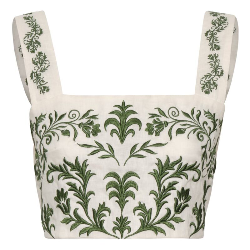 Marimba Embroidered Linen Top in Ivory Green Buganvilias Juan de Dios