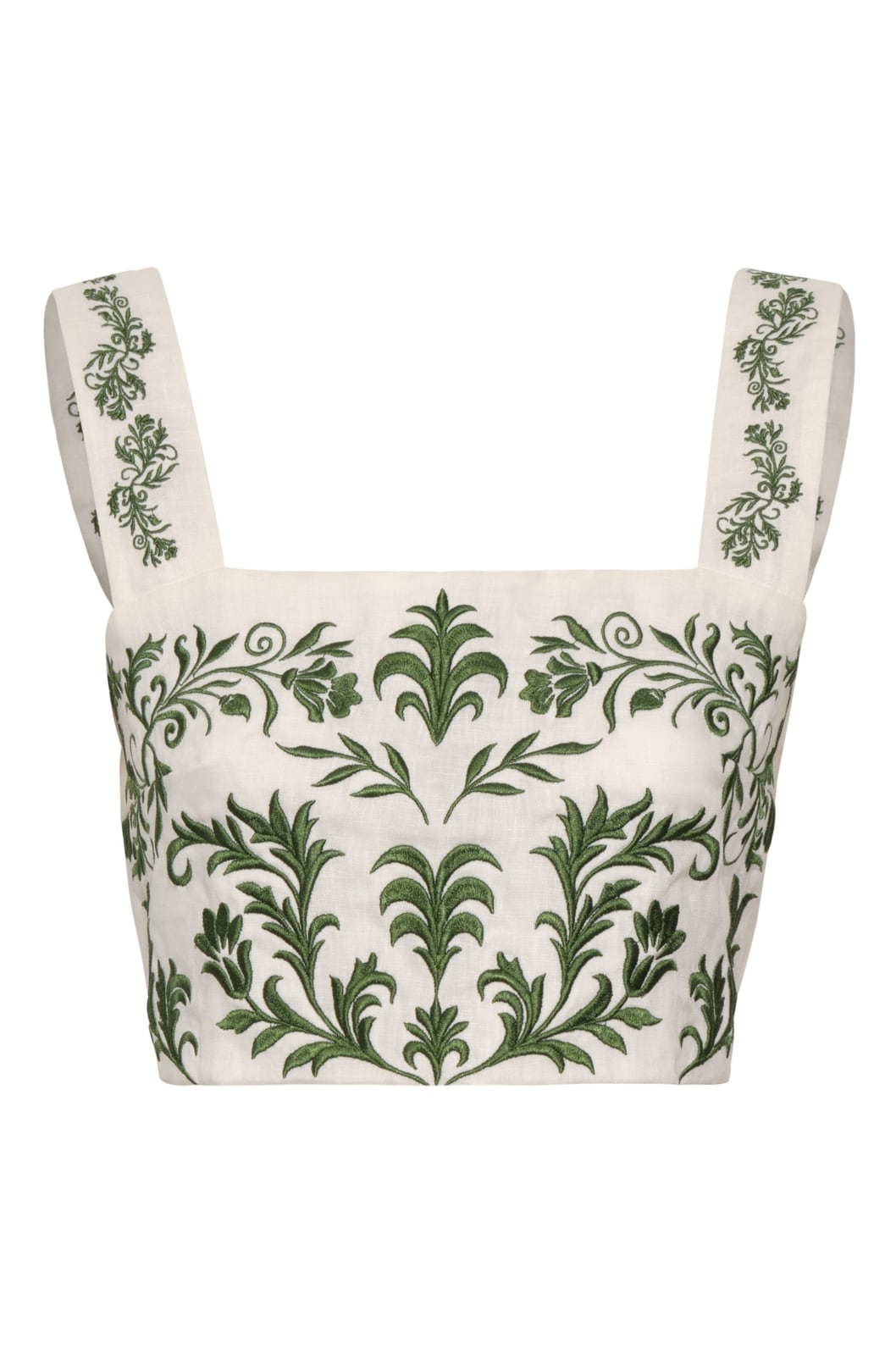 Marimba Embroidered Linen Top in Ivory Green Buganvilias Juan de Dios
