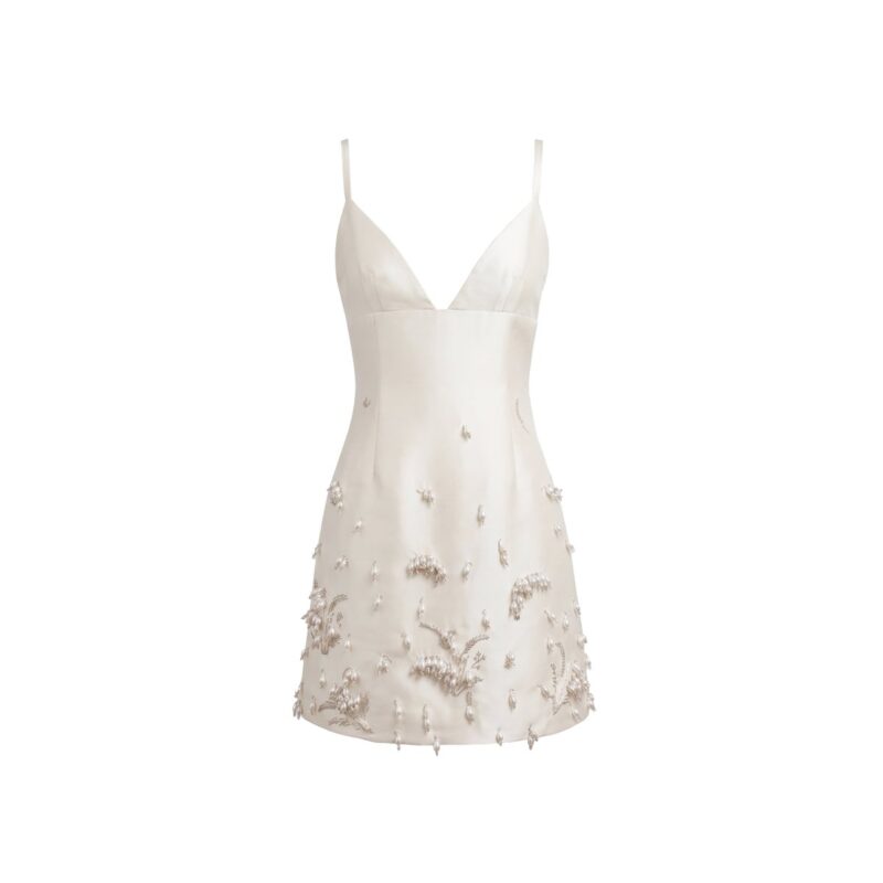 Nanette Dress in Ivory Silk Wool with Pearl Lily of the Valley Embellishment Alexandra Pijut