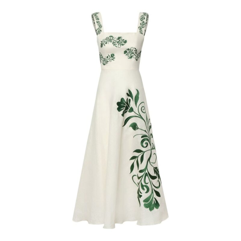 Noelia Embroidered Linen Midi Dress in Ivory Green Buganvilias Juan de Dios