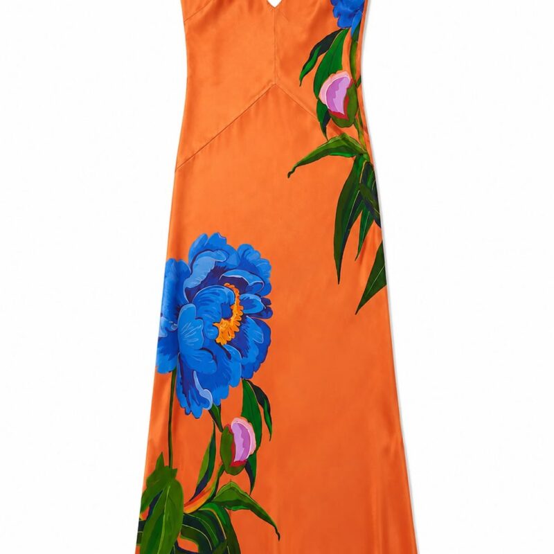 Olive Satin Dress in Floral Candy Coral Borgo de Nor