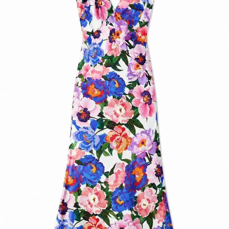 Olive Satin Dress in Floral Candy Borgo de Nor