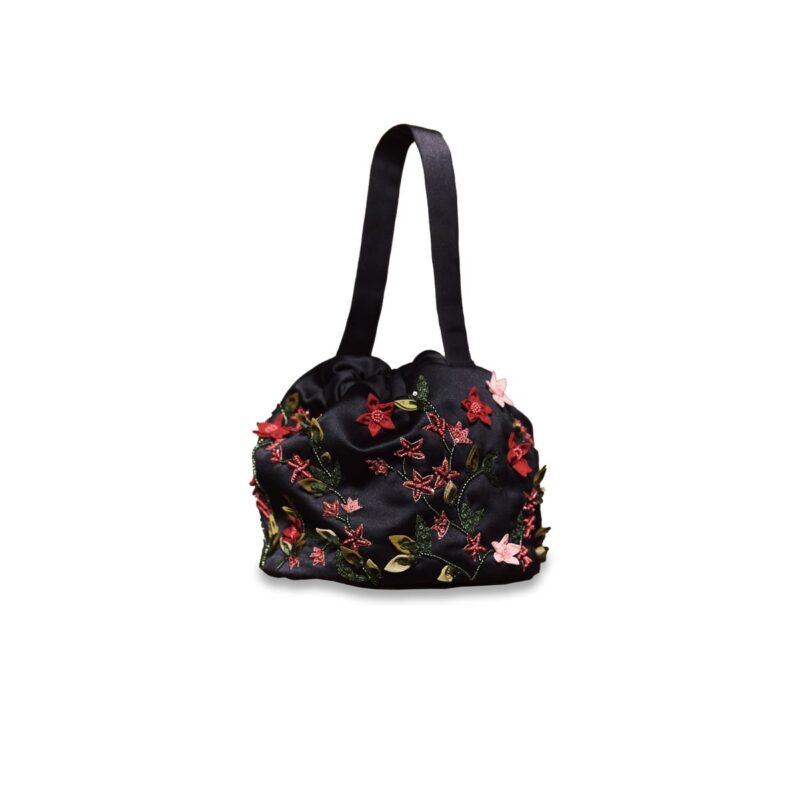 Piper Bucket Bag in Black Silk Wool with Red Floral Embellishment Alexandra Pijut