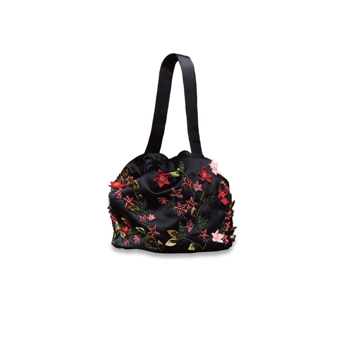 Piper Bucket Bag in Black Silk Wool with Red Floral Embellishment Alexandra Pijut