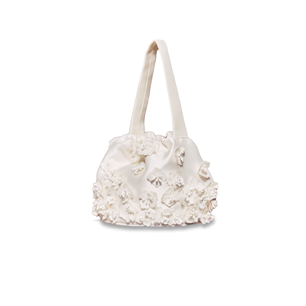 Piper Bucket Bag in Ivory Silk Wool with Petite Fabric Flowers Alexandra Pijut