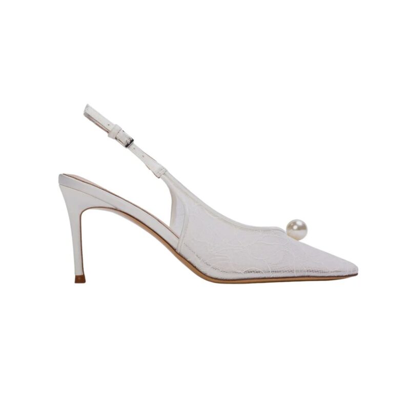 Reina 80 Pump in Ivory Lace/Pearl Ornament Black Suede Studio