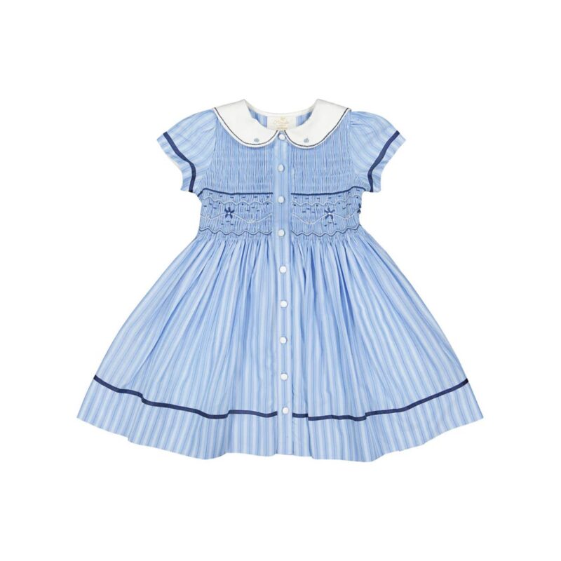 Riviera Blue Stripe Short Sleeve Smocked Dress Antoinette Paris