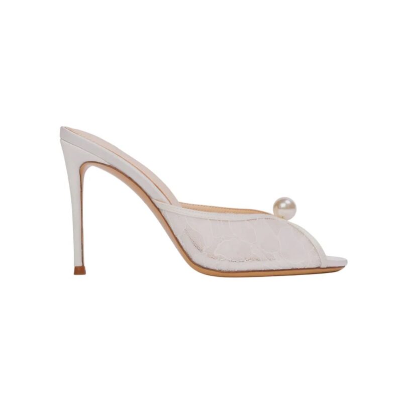 Sadie 100 Mule in Ivory Lace/Pearl Ornament Black Suede Studio