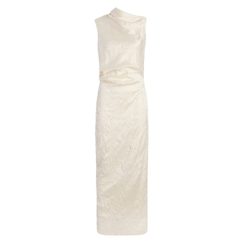 Satin Jacquard Column Dress in Ivory Marina Moscone