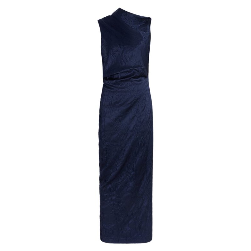 Satin Jacquard Column Dress in Navy Marina Moscone