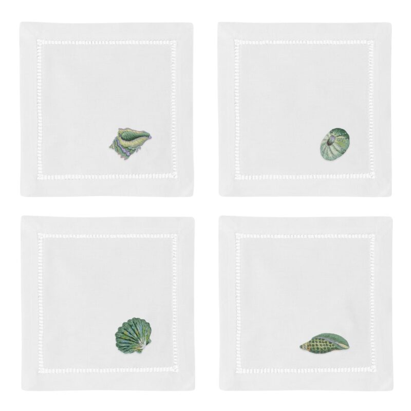 Shells Teal Cocktail Napkins, Mixed Set of 4 Henry Handwork