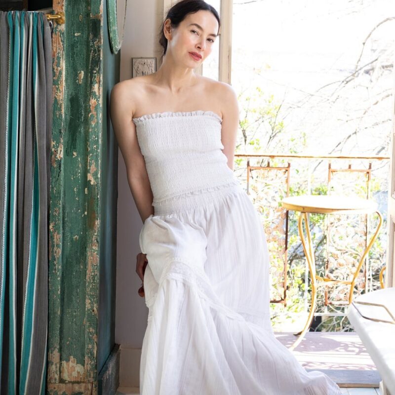 Strapless Bandeau Top in White Cotton Floral Lace Sue Sartor