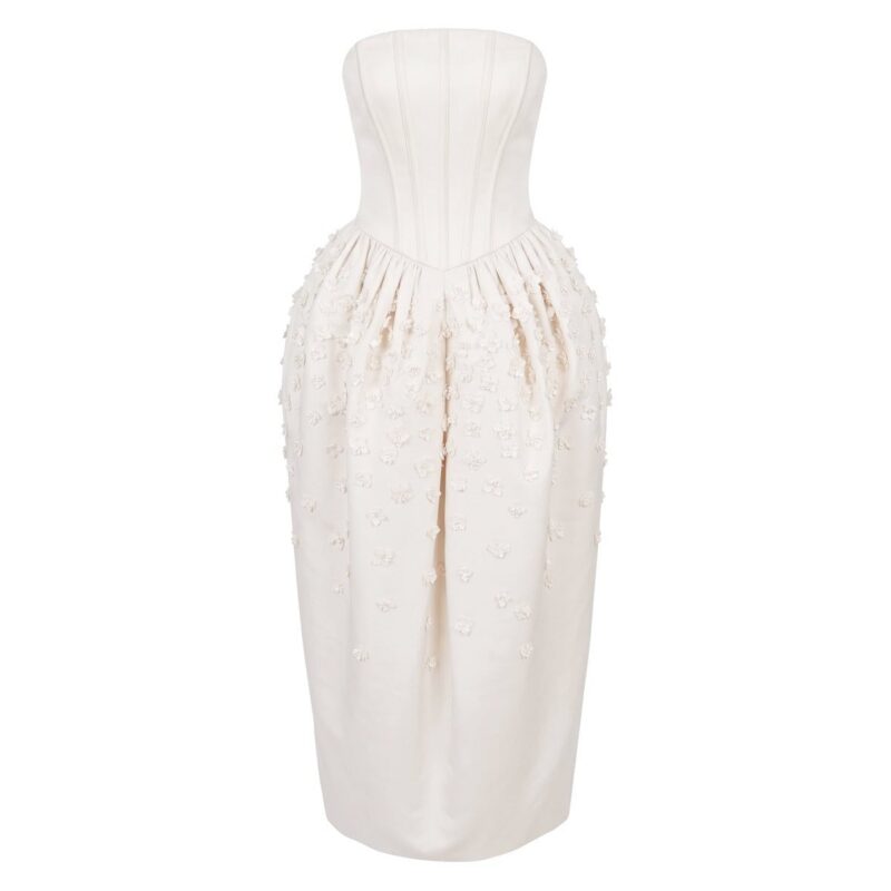 Swan Dress in Ivory Faille with Petite Fabric Flowers Alexandra Pijut