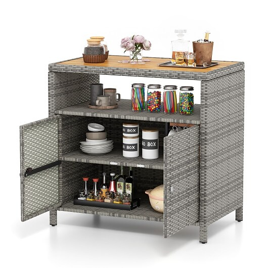 Outdoor Storage Cabinet Rattan Buffet Sideboard with Acacia Wood Top Metal Frame Patio Deck Garde...
