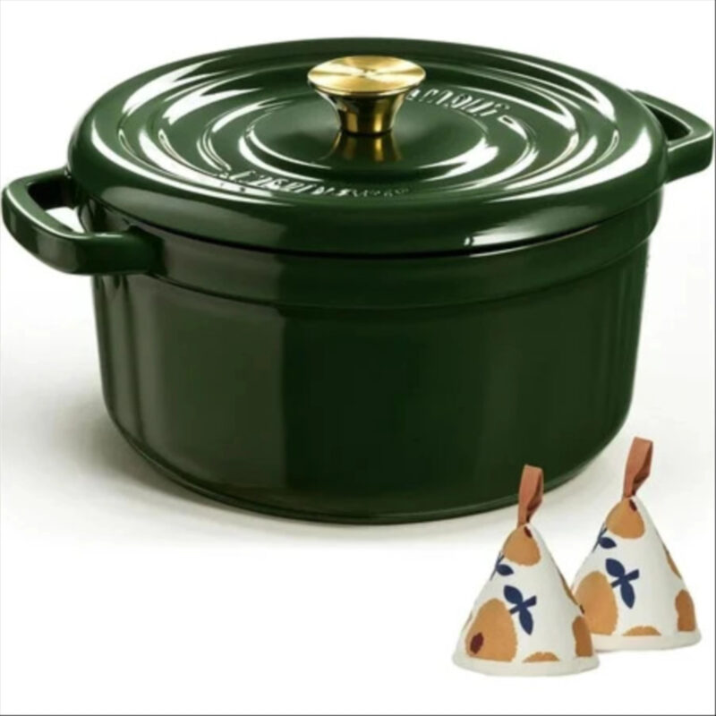 Overmont Enameled Cast Iron Dutch Oven - 4.5QT Pot with Lid Cookbook & Cotton Potholders - Heavy-Duty Cookware for Braising, Stews, Roasting, Bread Baking green