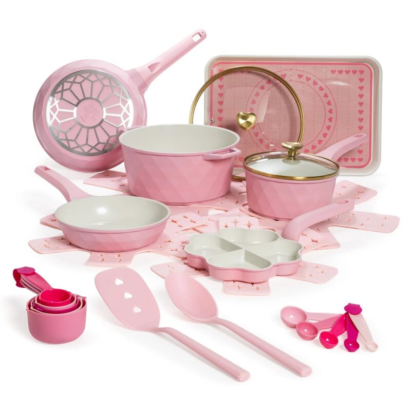 Paris Hilton 25-Piece Diamond-Faceted Cookware & Bakeware Set, Ceramic Nonstick Cast Aluminum, Pink