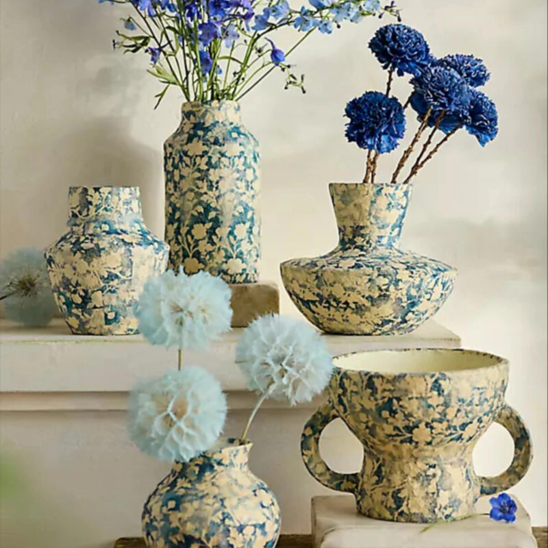 Patterned Papier Mache Vase, Sun Print in Blue, Size: BOWL at Terrain