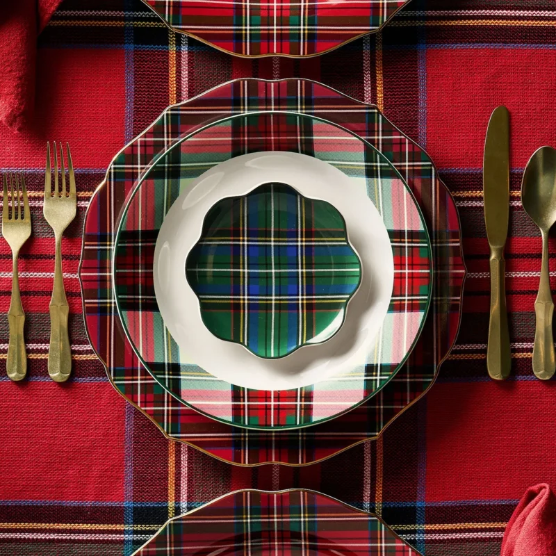 Stewart Plaid Stoneware Scallop Round Appetizer Plates - Set of 4