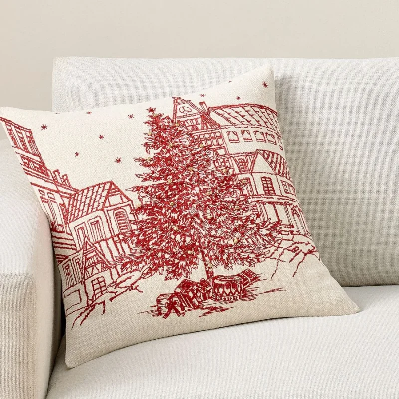 Snowy Village Embroidered Pillow Cover