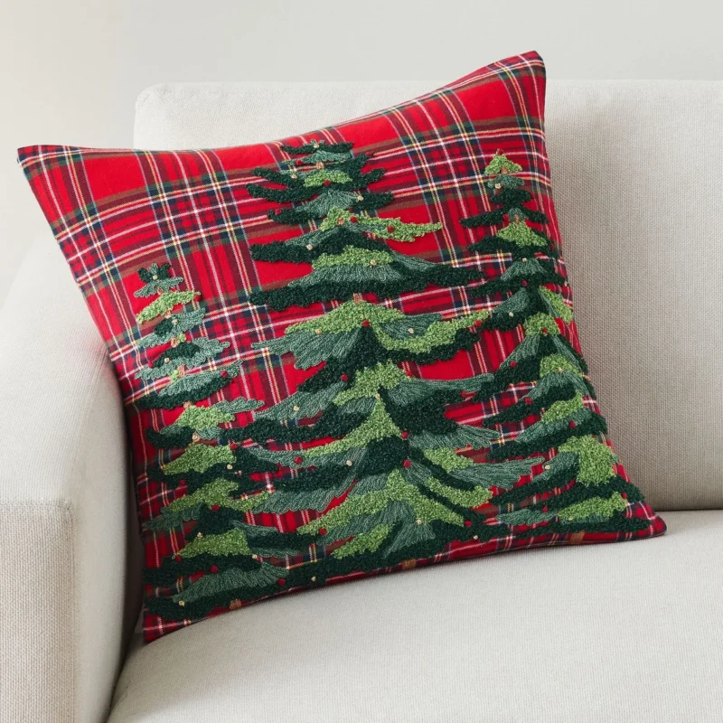 Elliot Tree Plaid Embroidered Pillow Cover