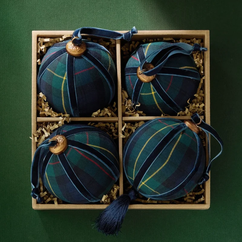 Plaid Ball with Tassel Ornament - Set of 4