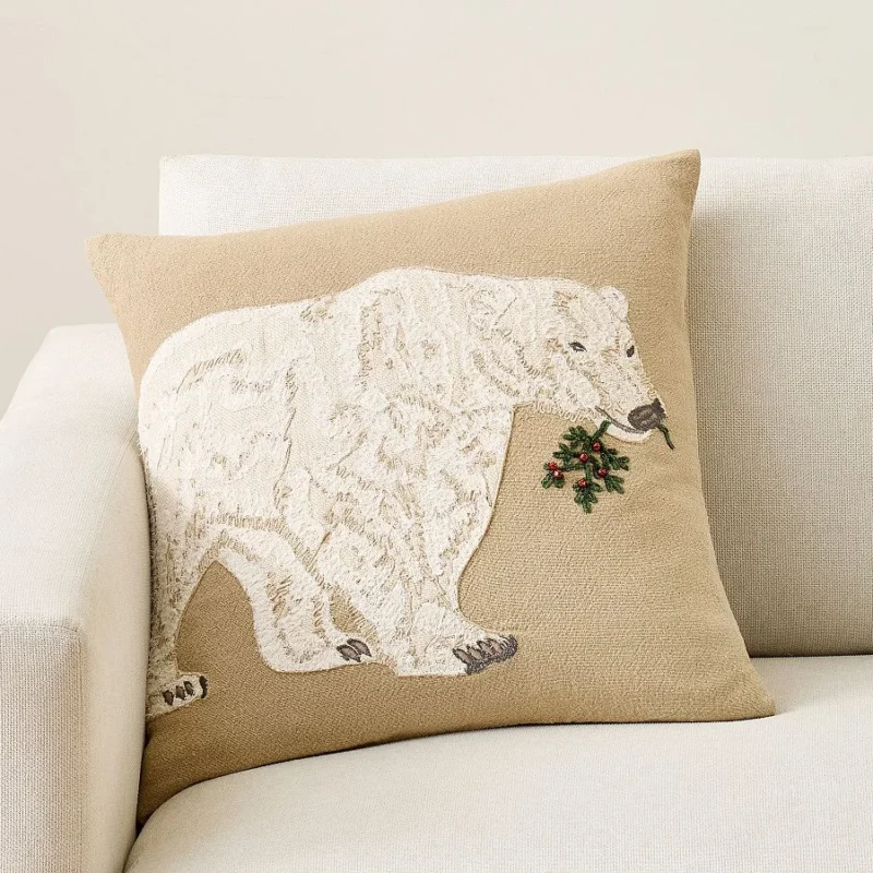 Holly Bear Embroidered Pillow Cover