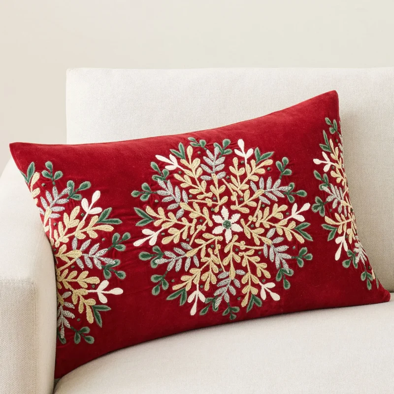Winter Wreath Embroidered Lumbar Pillow Cover