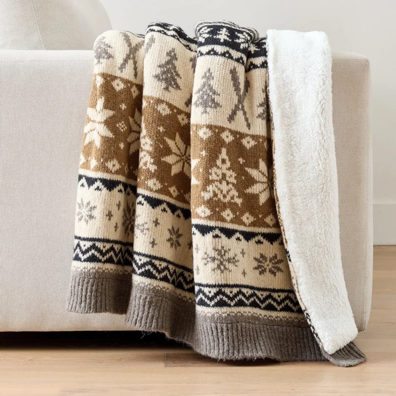 Ski Lodge Fair Isle Faux Faux Fur Back Throw