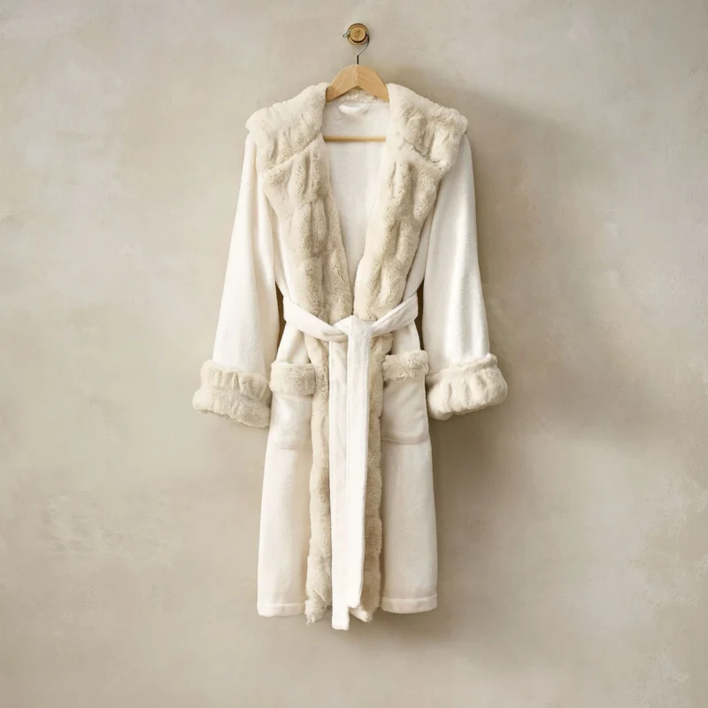 Ruched Faux Fur Trim Hooded Robe