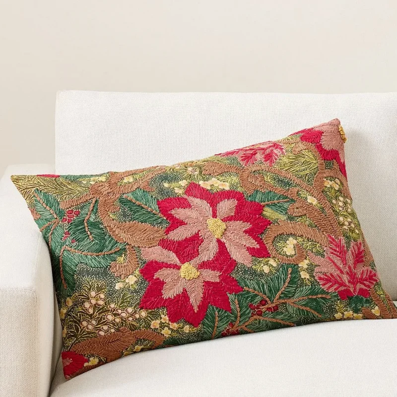 Floral Foliage Embroidered Lumbar Pillow Cover