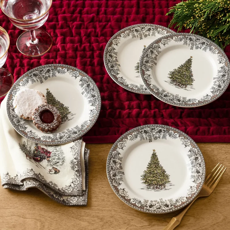 Vintage Christmas Stoneware Appetizer Plates - Set of 4