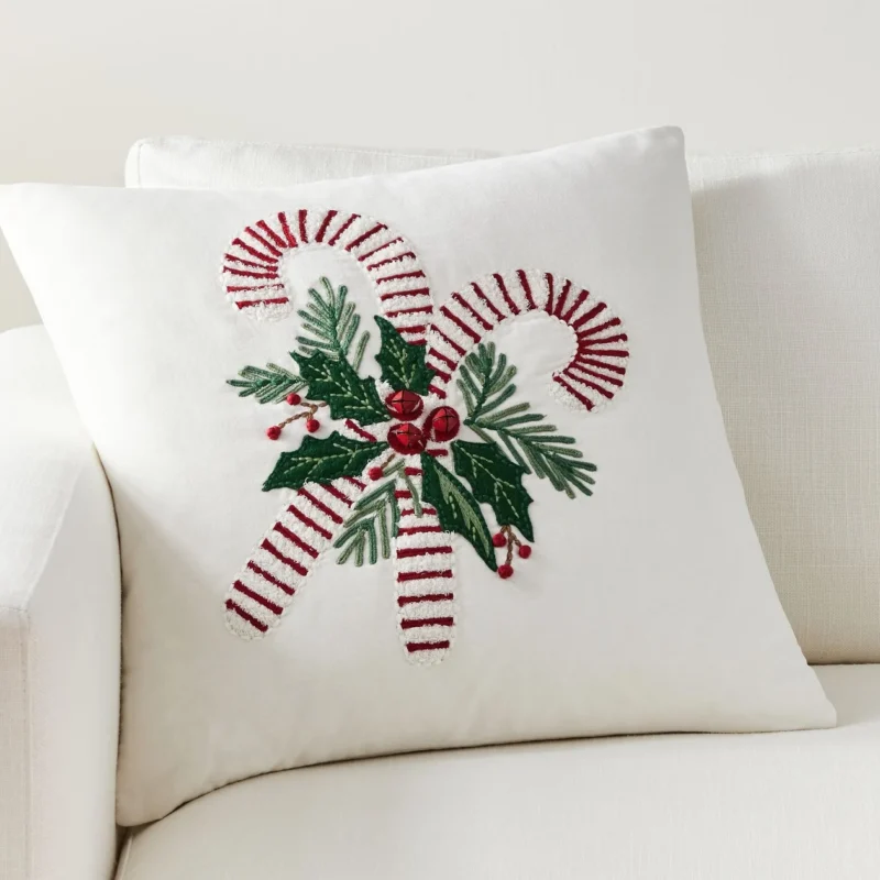 Candy Cane Embroidered Pillow Cover