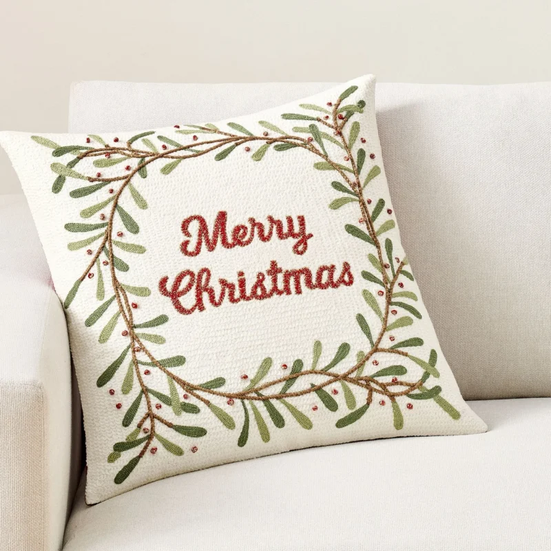 Merry Christmas Wreath Embroidered Pillow Cover