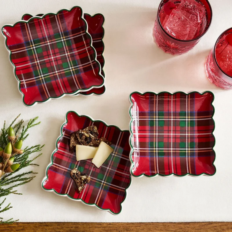 Stewart Plaid Stoneware Scallop Square Appetizer Plates - Set of 4