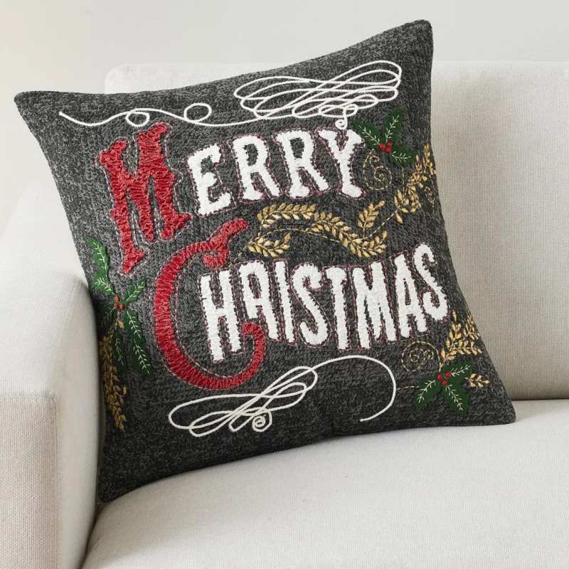 Merry Christmas Embroidered Pillow Cover