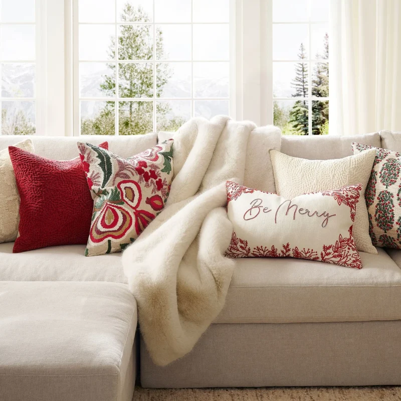 Be Merry Embroidered Lumbar Pillow Cover