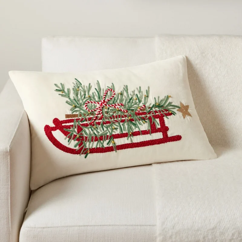 Christmas Tree Sled Embroidered Lumbar Pillow Cover