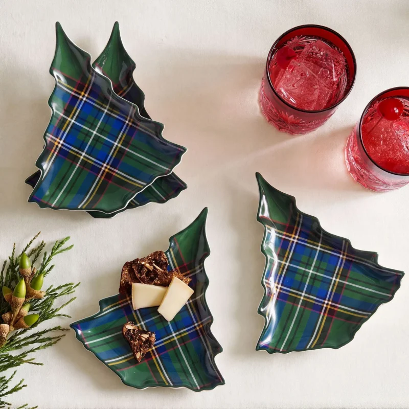 Stewart Plaid Stoneware Scallop Tree Appetizer Plates - Set of 4