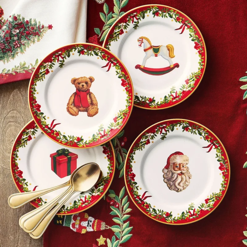 Nostalgic Christmas Icon Stoneware Appetizer Plates - Mixed Set of 4